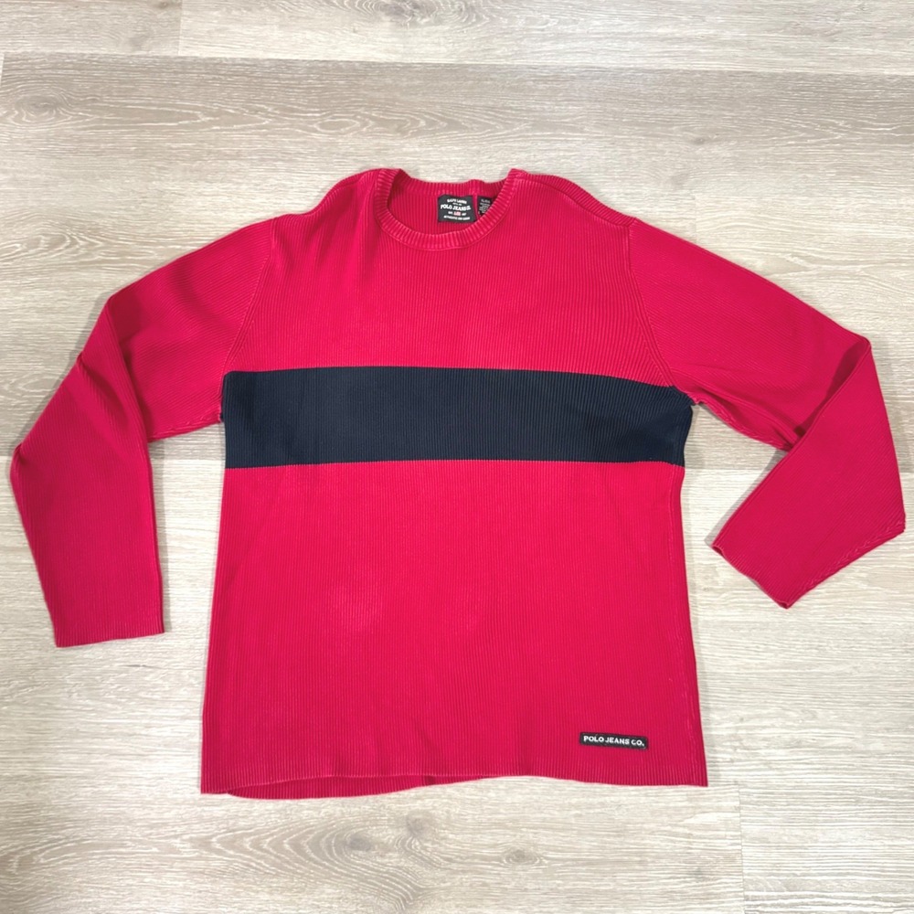 Vtg Ralph Lauren‎ Polo Jeans Co Sweater Mens XL Red Ribbed Knit Cotton Stripe